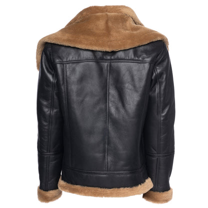 Graysen Black Aviator Shearling Bomber Jacket with Removable Collar