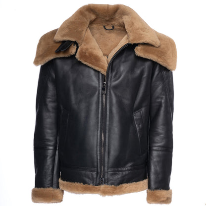 Graysen Black Aviator Shearling Bomber Jacket with Removable Collar