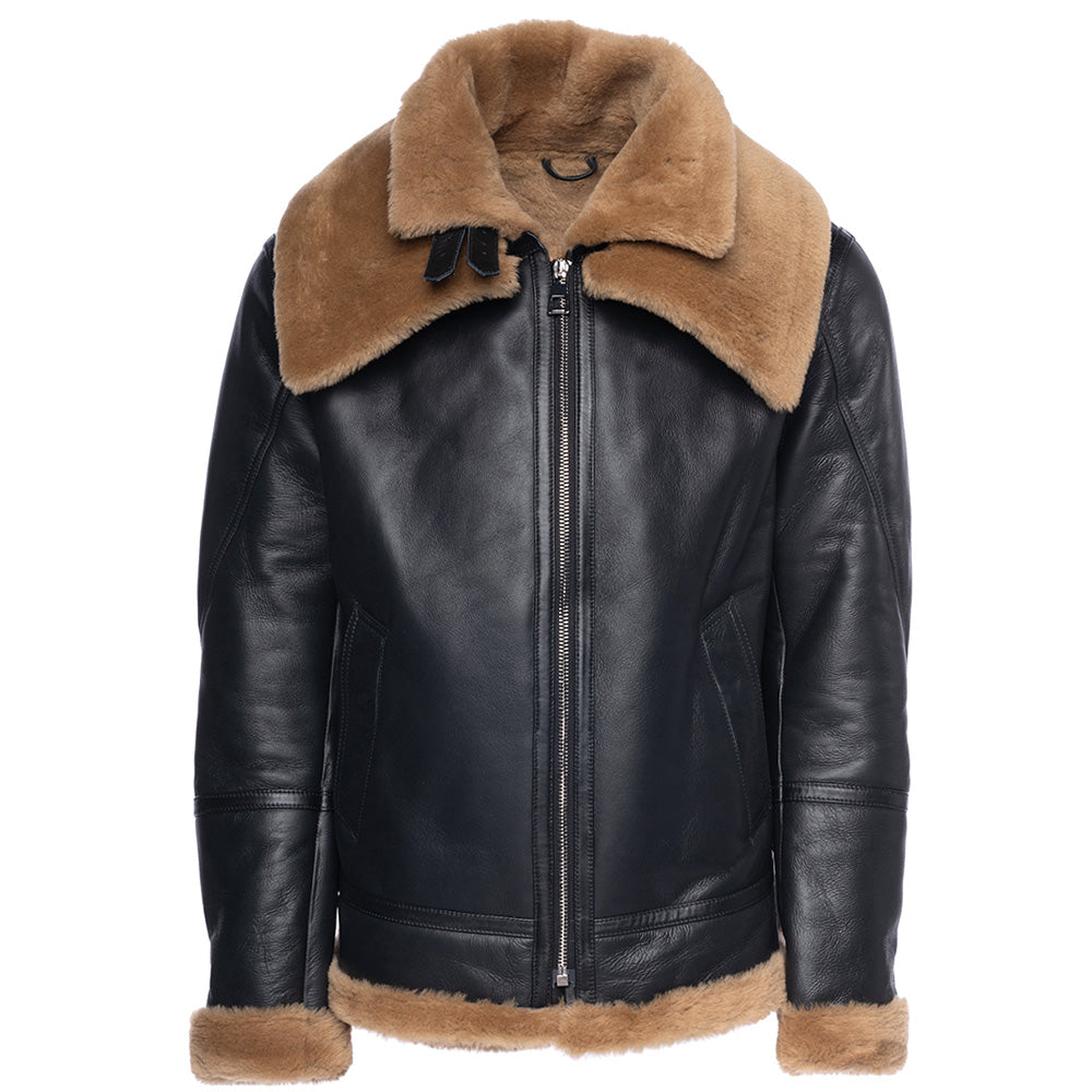 Graysen Black Aviator Shearling Bomber Jacket with Removable Collar
