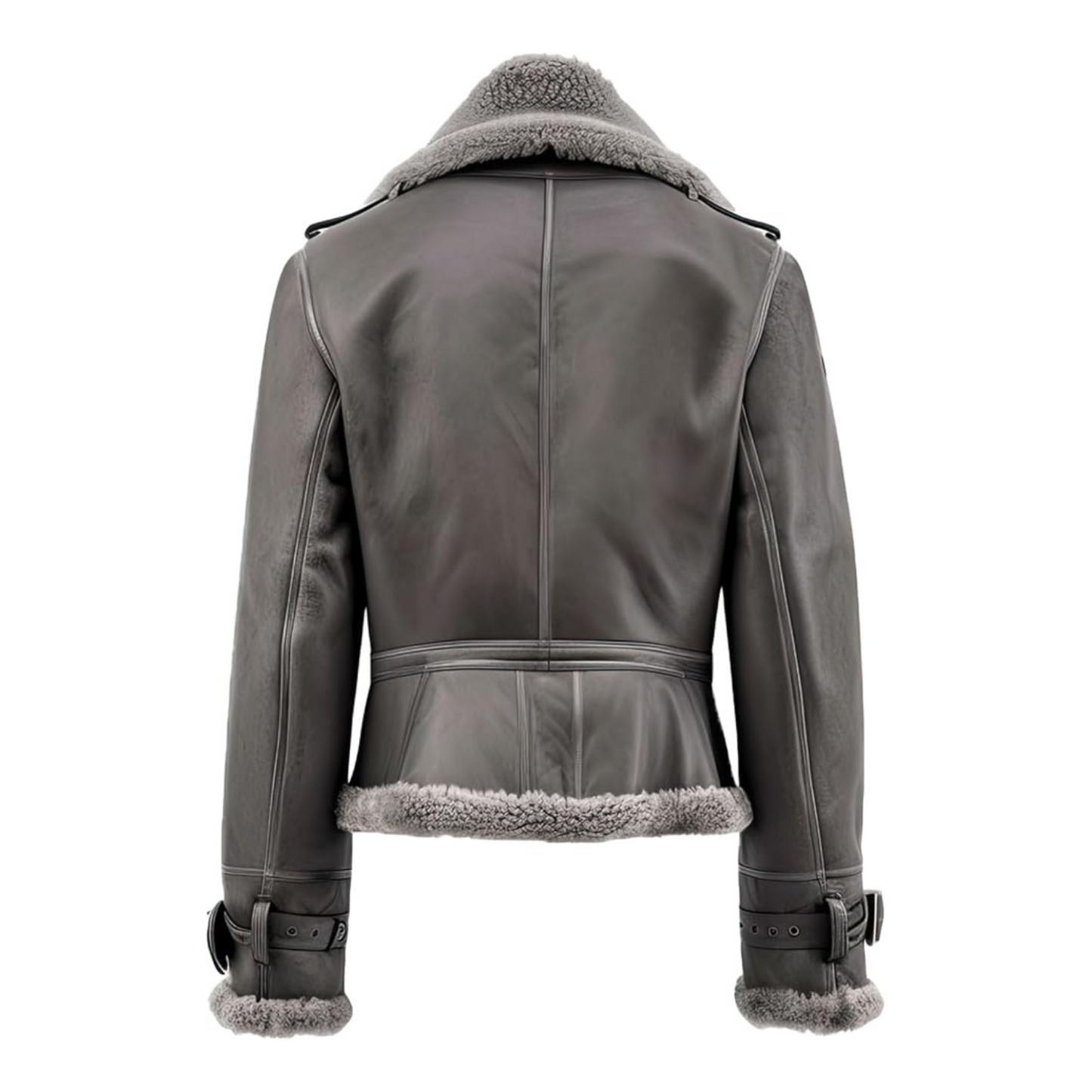 Gray leather jacket with shearling trim on a white background