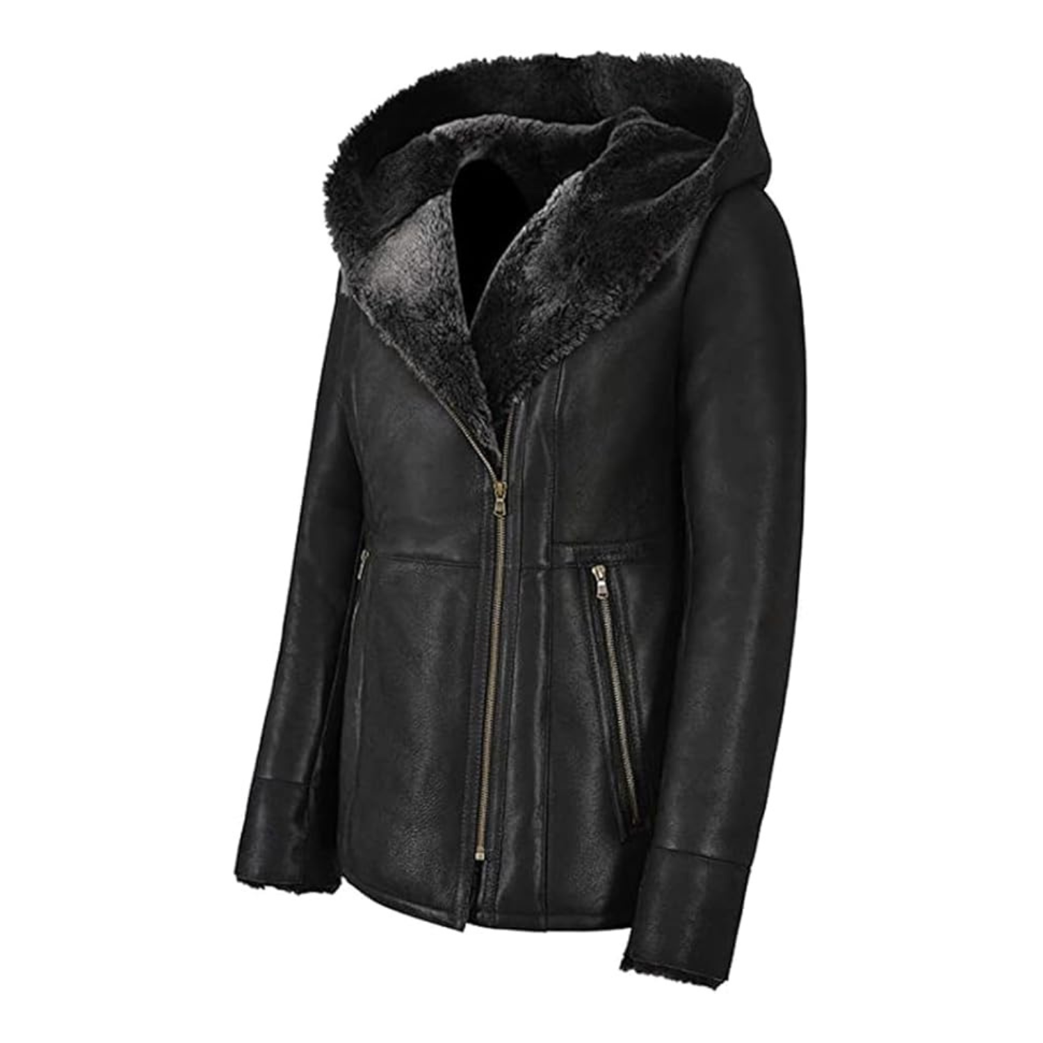 Black leather jacket with fur-lined hood on a white background