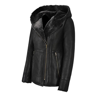 Black leather jacket with fur-lined hood on a white background