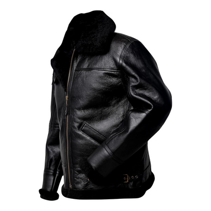 Men's Black B3 Bomber Aviator Pilots Shearling Thunder Coat And Genuine Sheepskin Flying Jacket