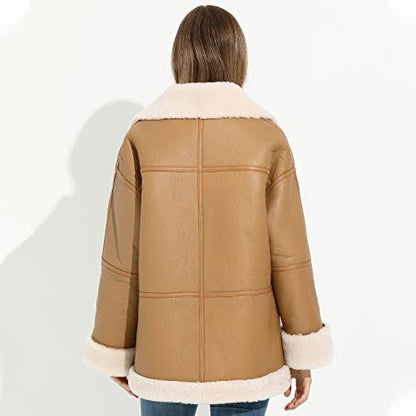 Women’s Camel Brown Sheepskin Sherpa Shearling Faux Fur Aviator Pilot Leather Jacket