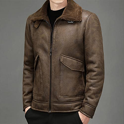 Men’s Vintage Distressed Sheepskin Sherpa Faux Fur Lined Winter Streetwear Leather Jacket