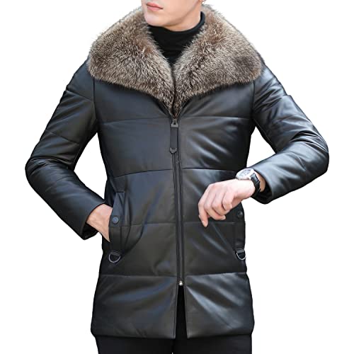 Men’s Black Genuine Sheepskin Sherpa Shearling Faux Fur Lined Thick Warm Slim Fit Padded Leather Puffer Jacket