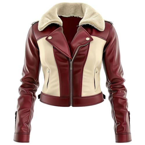 Women’s Beige Maroon Genuine Sheepskin Warm Zip-up B3 Aviator Leather Jacket with Sherpa Faux Fur Collar