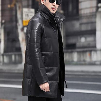 Men’s Black Genuine Sheepskin Sherpa Shearling Faux Fur Lined Thick Warm Slim Fit Padded Leather Puffer Jacket