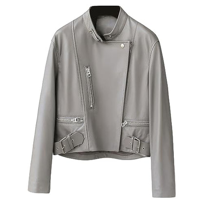 Women’s Grey Sheepskin Biker Leather Jacket – Slim Fit Café Racer