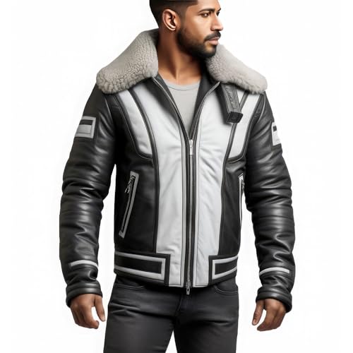 Men’s Light Grey Black Sheepskin Sherpa Collar B3 Aviator Leather Jacket