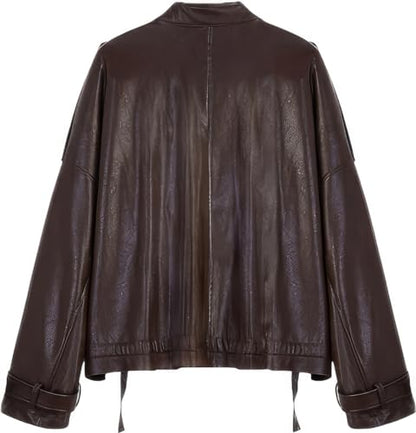 Women’s Brown Oversized Sheepskin Leather Jacket with Stand Collar – Arna Luxe