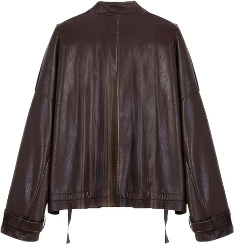 Women’s Brown Sheepskin Stand Collar Oversized Spring Korean Fashion Leather Jacket