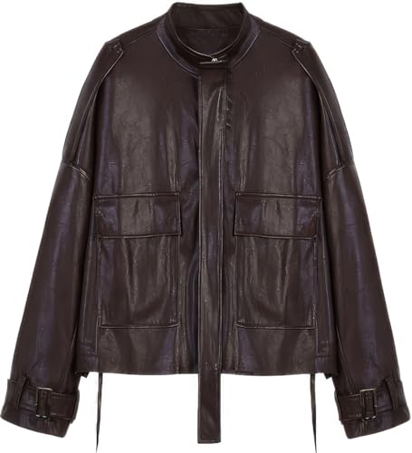 Women’s Brown Oversized Sheepskin Leather Jacket with Stand Collar – Arna Luxe