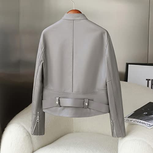 Women’s Grey Sheepskin Biker Leather Jacket – Slim Fit Café Racer