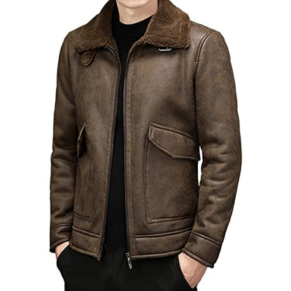 Men’s Vintage Distressed Sheepskin Sherpa Faux Fur Lined Winter Streetwear Leather Jacket
