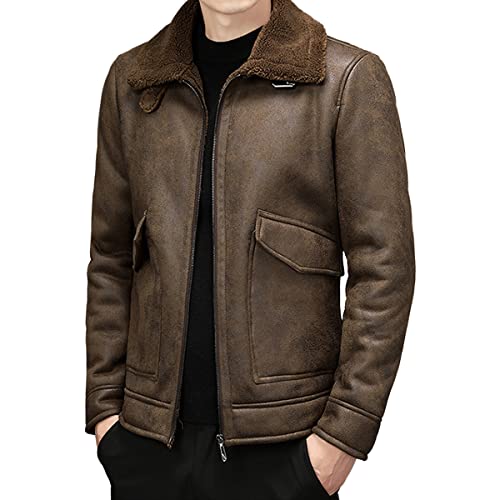 Men’s Vintage Distressed Sheepskin Sherpa Faux Fur Lined Winter Streetwear Leather Jacket