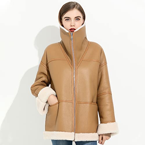 Women’s Camel Brown Sheepskin Sherpa Shearling Faux Fur Aviator Pilot Leather Jacket