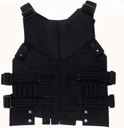 Black tactical vest with multiple pockets and straps on a white background