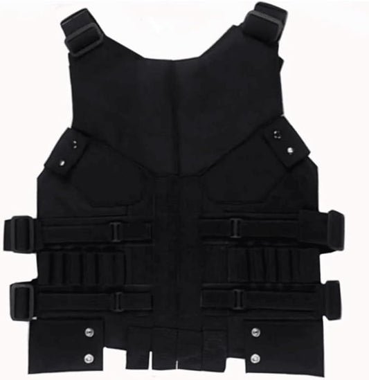 Black tactical vest with multiple pockets and straps on a white background