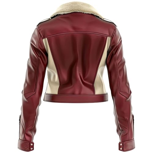 Women’s Beige Maroon Genuine Sheepskin Warm Zip-up B3 Aviator Leather Jacket with Sherpa Faux Fur Collar