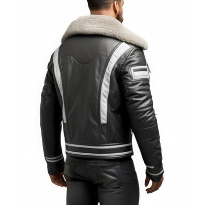 Men’s Light Grey Black Sheepskin Sherpa Collar B3 Aviator Leather Jacket