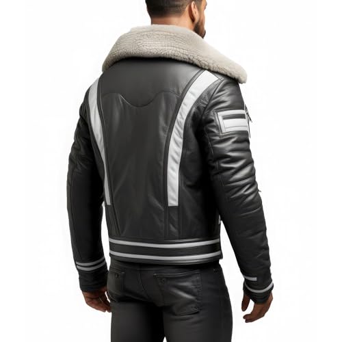 Men’s Light Grey Black Sheepskin Sherpa Collar B3 Aviator Leather Jacket