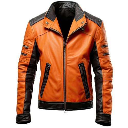 Men’s Orange Black Sheepskin Biker Leather Jacket – ArnaLuxe