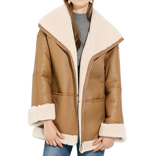 Women’s Camel Brown Sheepskin Sherpa Shearling Faux Fur Aviator Pilot Leather Jacket