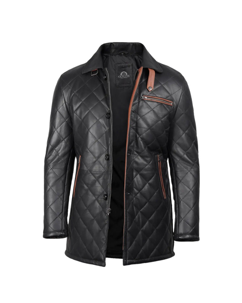 Men's Black Quilted Leather Car Coat With Brown Detailing