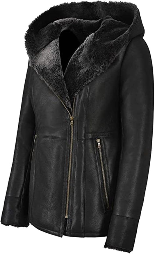 Women's Genuine Sheepskin Leather Hooded Sherpa Shearling Parka Faux Fur Trench Coat Outerwear Jacket