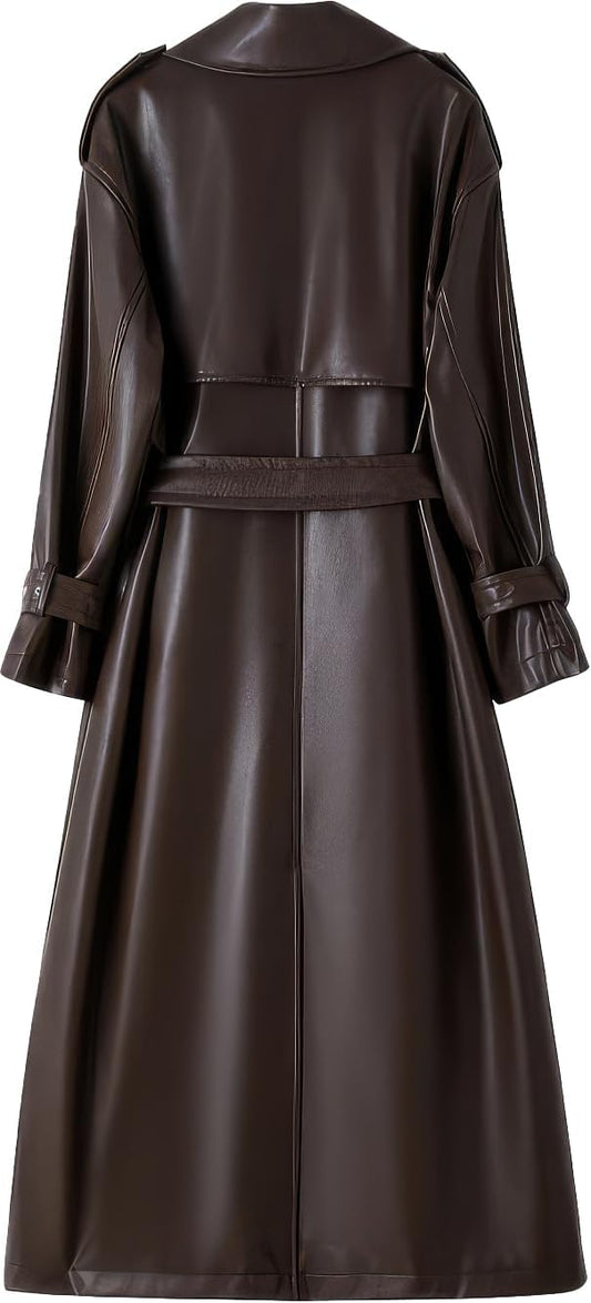 Elegant Brown Sheepskin Long Double-Breasted Belted Trench Coat – Arna Luxe