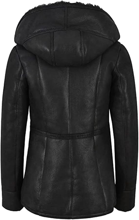 Women's Genuine Sheepskin Leather Hooded Sherpa Shearling Parka Faux Fur Trench Coat Outerwear Jacket