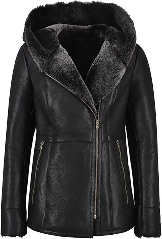 Women's Genuine Sheepskin Leather Hooded Sherpa Shearling Parka Faux Fur Trench Coat Outerwear Jacket