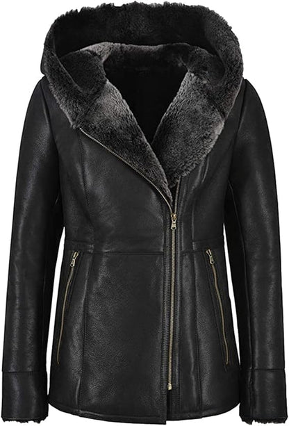 Women's Genuine Sheepskin Leather Hooded Sherpa Shearling Parka Faux Fur Trench Coat Outerwear Jacket