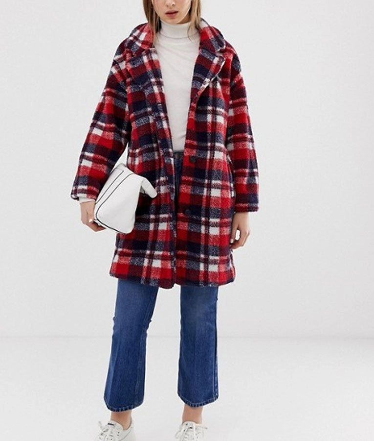 Johanne Plaid Wool Coat inspired by Home for Christmas – Nordic winter wool blend coat with belted waist and plaid pattern
