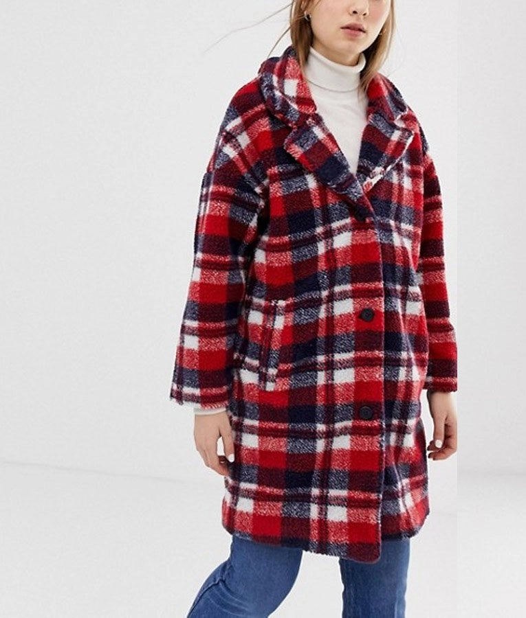 Johanne Plaid Wool Coat inspired by Home for Christmas – Nordic winter wool blend coat with belted waist and plaid pattern