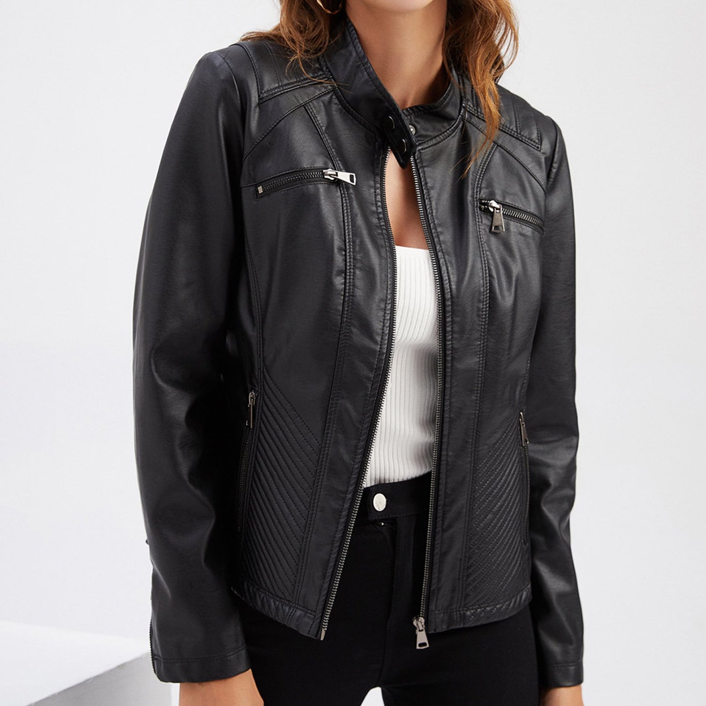 Black Leather Biker Jacket for Women