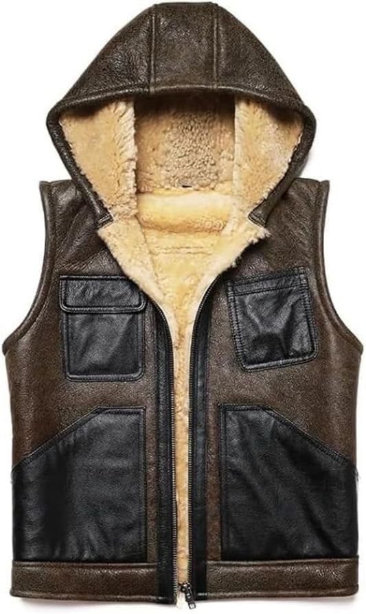 Men's Sleeveless B3 Vest - Sheepskin Hooded Sherpa Waistcoat