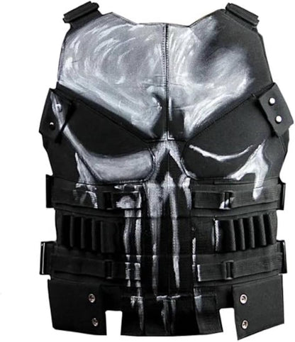Black tactical vest with Punisher skull design on a white background
