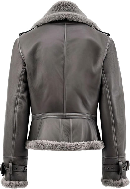 Women’s Ash Grey Sheepskin Sherpa Shearling Lined Aviator B3 Bomber Leather Jacket Winter Warmth Vintage Style