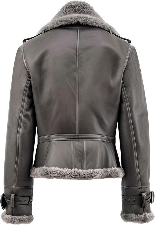 Women’s Ash Grey Sheepskin Sherpa Shearling Lined Aviator B3 Bomber Leather Jacket Winter Warmth Vintage Style