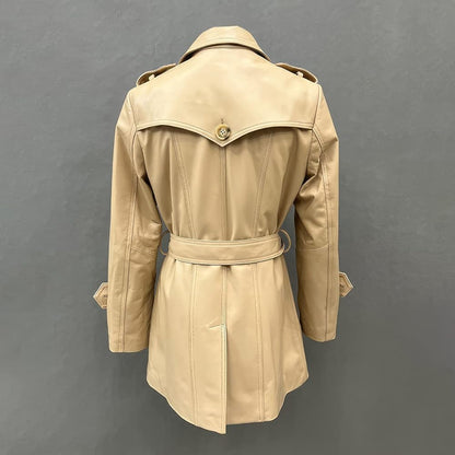 Women's Beige Sheepskin Double-Breasted Belted Leather Trench Coat