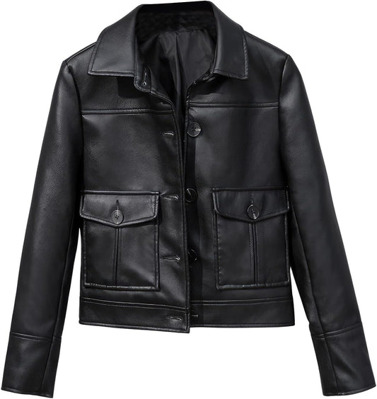 Women’s Black Sheepskin Biker Leather Jacket with Shirt Collar – Arna Luxe
