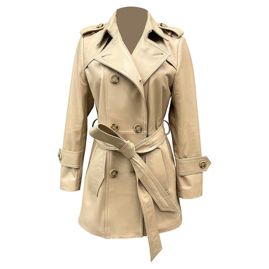 Women's Beige Sheepskin Double-Breasted Belted Leather Trench Coat