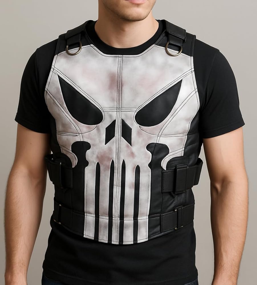 Men's Punishar Season 2 Skull Frank Castle Motorcycle Black Real Leather Vest Cosplay Costume-Gift For Him