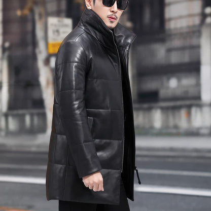 Men’s Black Genuine Sheepskin Sherpa Shearling Faux Fur Lined Thick Warm Slim Fit Padded Leather Puffer Jacket