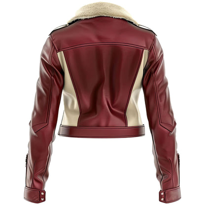 Women’s Beige Maroon Genuine Sheepskin Warm Zip-up B3 Aviator Leather Jacket with Sherpa Faux Fur Collar