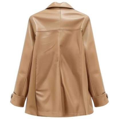 Women's Beige Genuine Sheepskin Pea Coat - Double Breasted, Lapel Collar - Office Wear