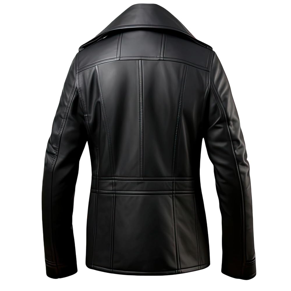 Men’s Black Sheepskin Pea Coat: Double Breasted, Slim-fit, Notched Lapel - Elegant Formal Short Button-Down