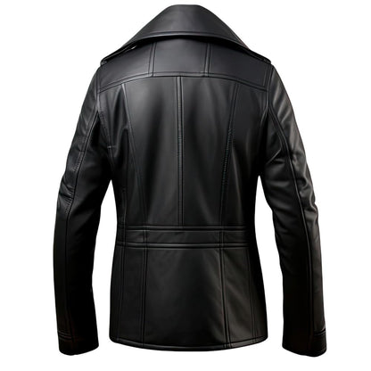 Men’s Black Sheepskin Pea Coat: Double Breasted, Slim-fit, Notched Lapel - Elegant Formal Short Button-Down